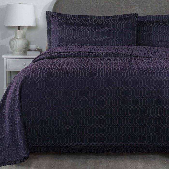 Remi Cotton Blend Jacquard Woven Geometric Fringe Bedspread Set - Navy Blue