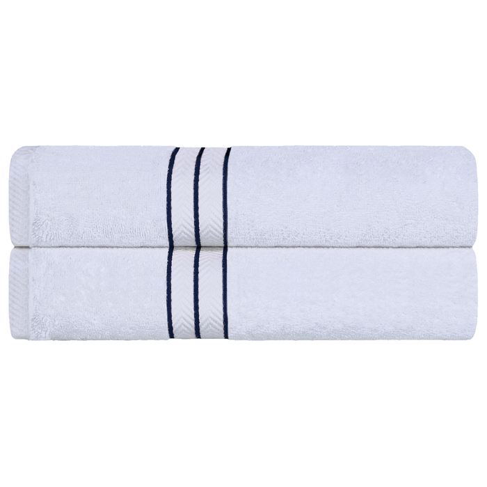 Turkish Cotton Ultra-Plush Solid 2-Piece Highly Absorbent Bath Sheet Set - White/Navy Blue