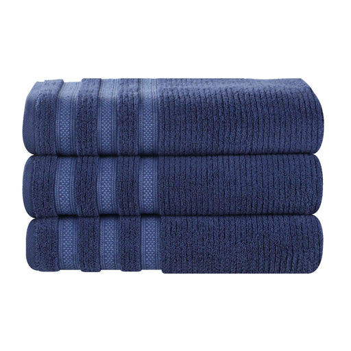 Zero Twist Cotton Ribbed Geometric Border Plush Bath Towel Set of 3 - Navy Blue