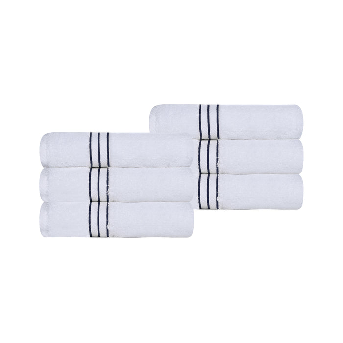 Turkish Cotton Ultra-Plush Solid 6 Piece Highly Absorbent Hand Towel Set - White/Navy Blue