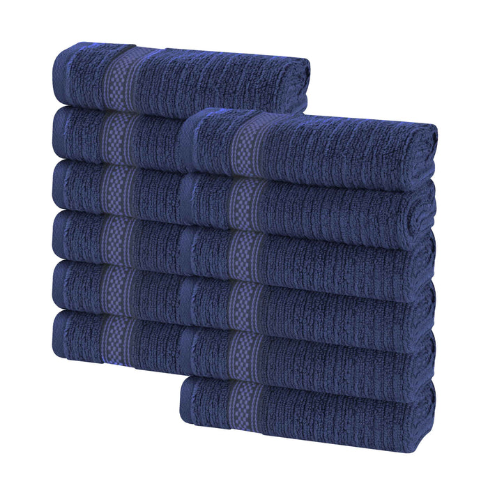 Zero Twist Cotton Ribbed Geometric Border Plush Face Towel Set of 12