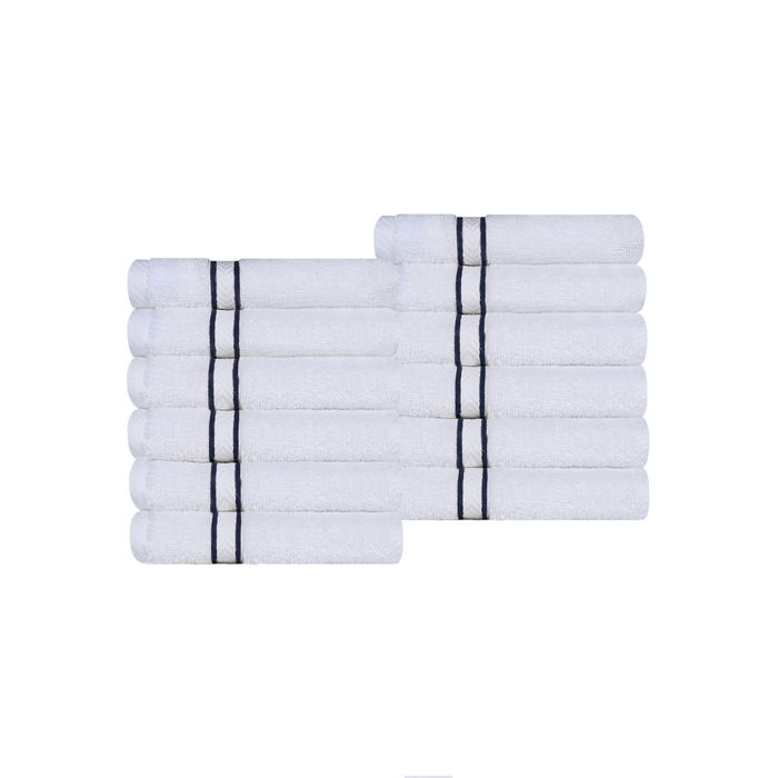 Turkish Cotton Ultra-Plush Absorbent Solid 12-Piece Face Towel Set - White/Navy Blue