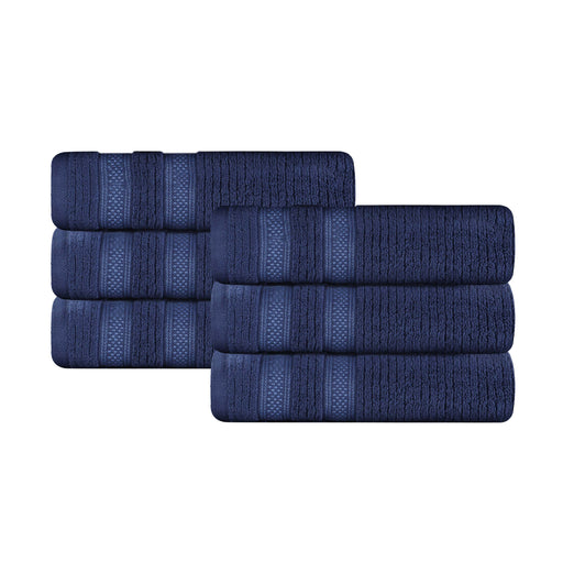 Zero Twist Cotton Ribbed Geometric Border Plush Hand Towel Set of 6 - Navy Blue