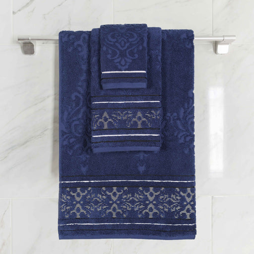 Sadie Zero Twist Cotton Floral Motif 3 Piece Jacquard Towel Set - Navy Blue