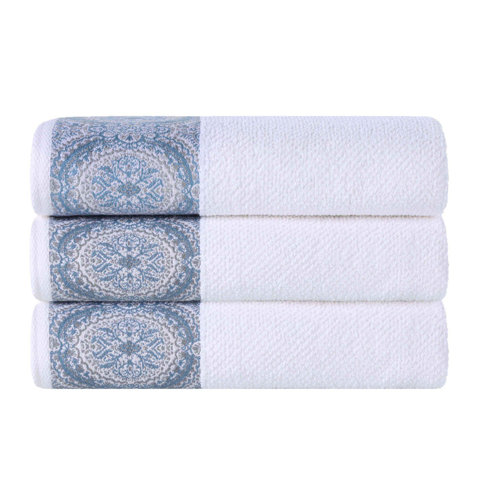Medallion Cotton Jacquard Textured Bath Towels, Set of 3 - NavyBlue