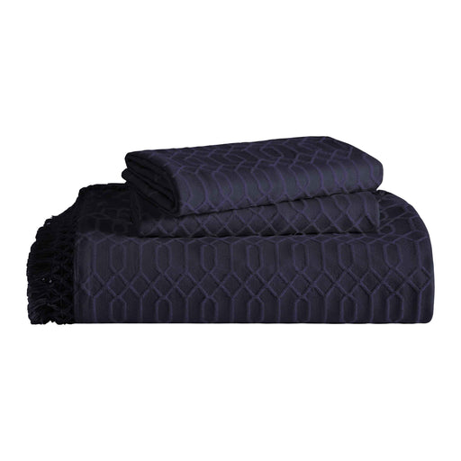 Remi Cotton Blend Jacquard Woven Geometric Fringe Bedspread Set - Navy Blue