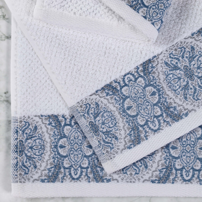 Medallion Cotton Jacquard Textured Face Towels/ Washcloths, Set of 12 - NavyBlue