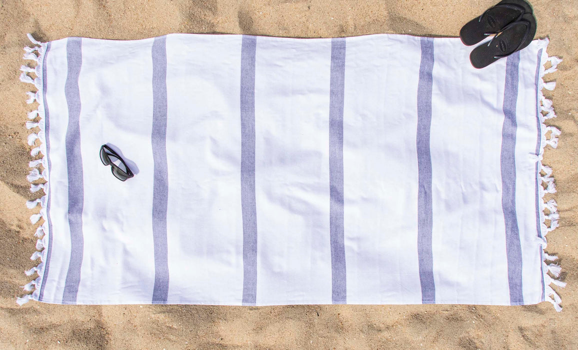 Tropical Cabana Stripe Fouta 2 Piece Beach Towel with Tassels - NavyBlue