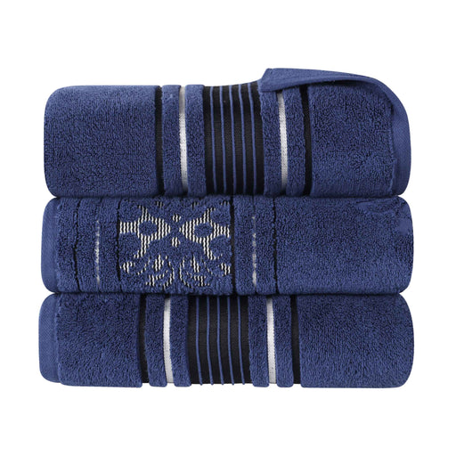Sadie Zero Twist Cotton Solid Jacquard Floral Bath Towel Set of 4 - Navy Blue
