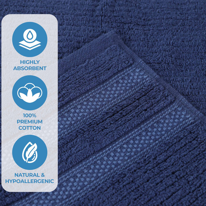 Zero Twist Cotton Ribbed Geometric Border Plush 3 Piece Towel Set - Navy Blue