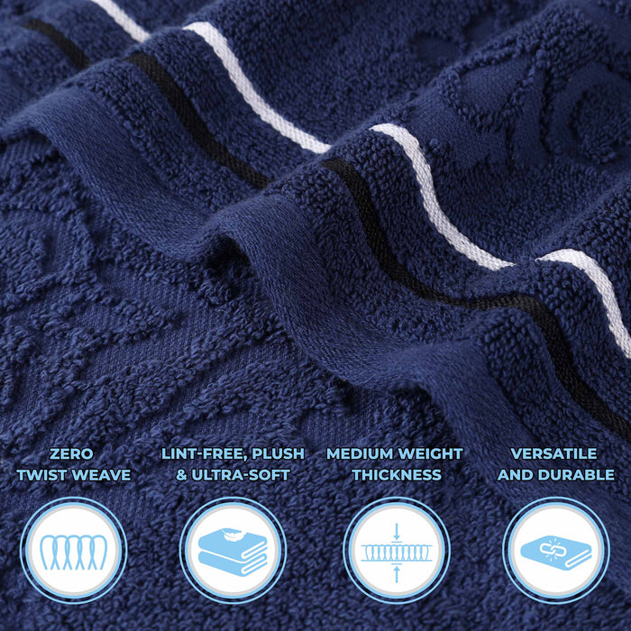 Sadie Zero Twist Cotton Floral Motif 3 Piece Jacquard Towel Set - Navy Blue