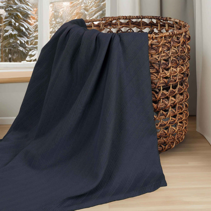 Milan Cotton Textured Striped Lightweight Woven Blanket - NavyBlue