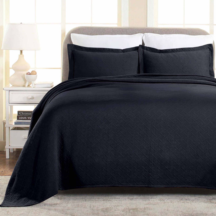 Basket Weave Matelasse Cotton Bedspread Set - NavyBlue