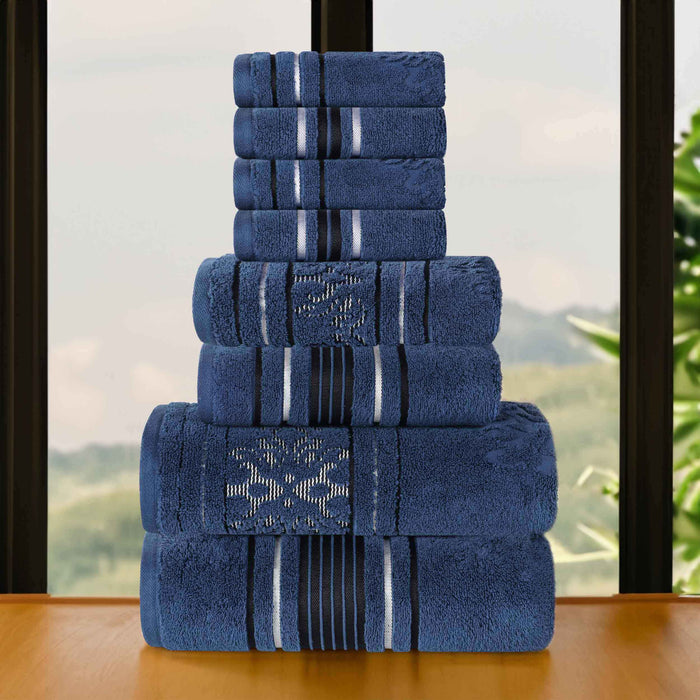 Sadie Zero Twist Cotton Solid Jacquard Floral 8 Piece Towel Set - NavyBlue