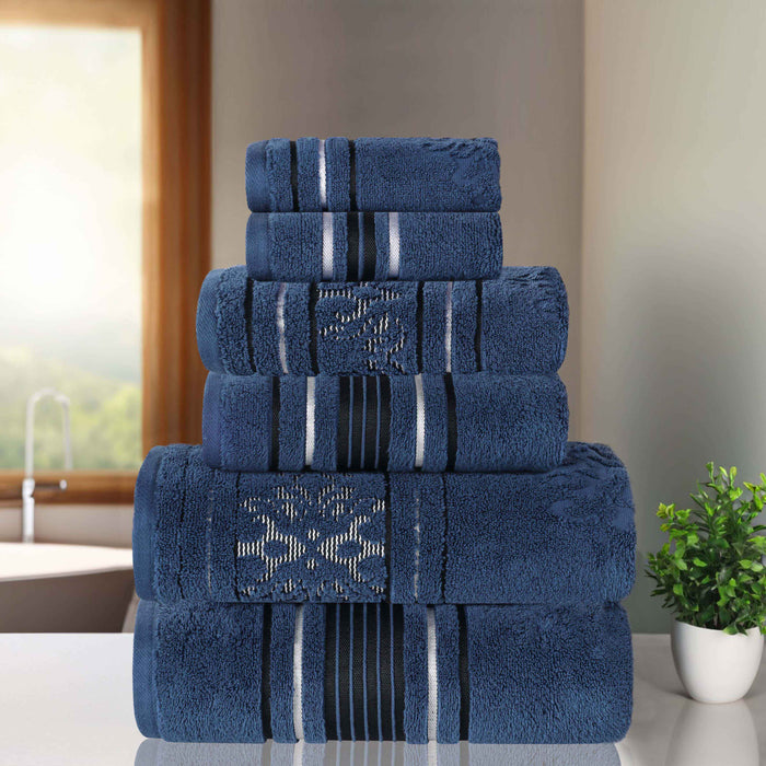 Sadie Zero Twist Cotton Solid Jacquard Floral Motif 6 Piece Towel Set - NavyBlue