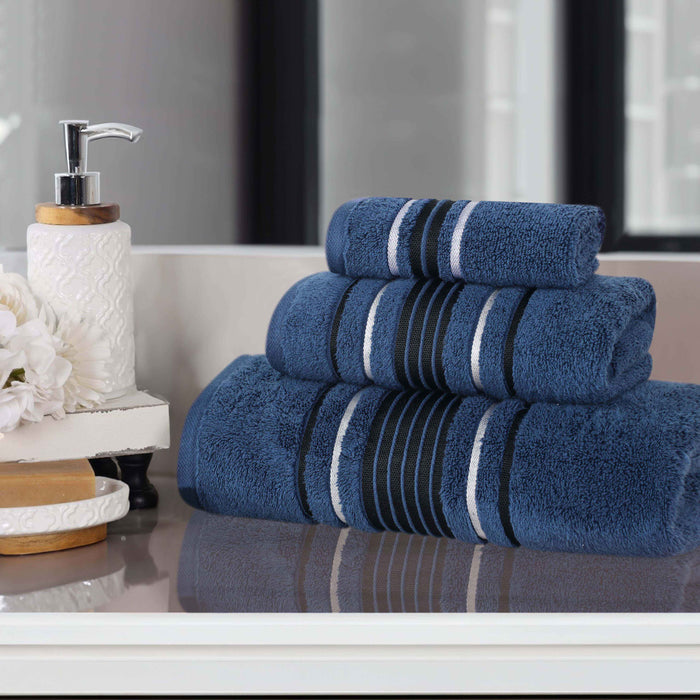 Sadie Zero Twist Cotton Elegant Floral Motif 3 Piece Solid Towel Set - NavyBlue