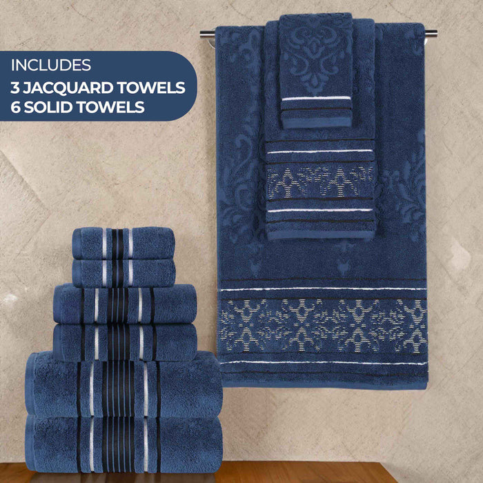 Sadie Zero Twist Cotton Solid Jacquard Floral Motif 12 Piece Towel Set - NavyBlue