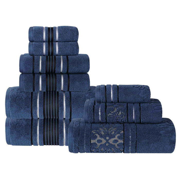 Sadie Zero Twist Cotton Solid Jacquard Floral Motif 9 Piece Towel Set - NavyBlue