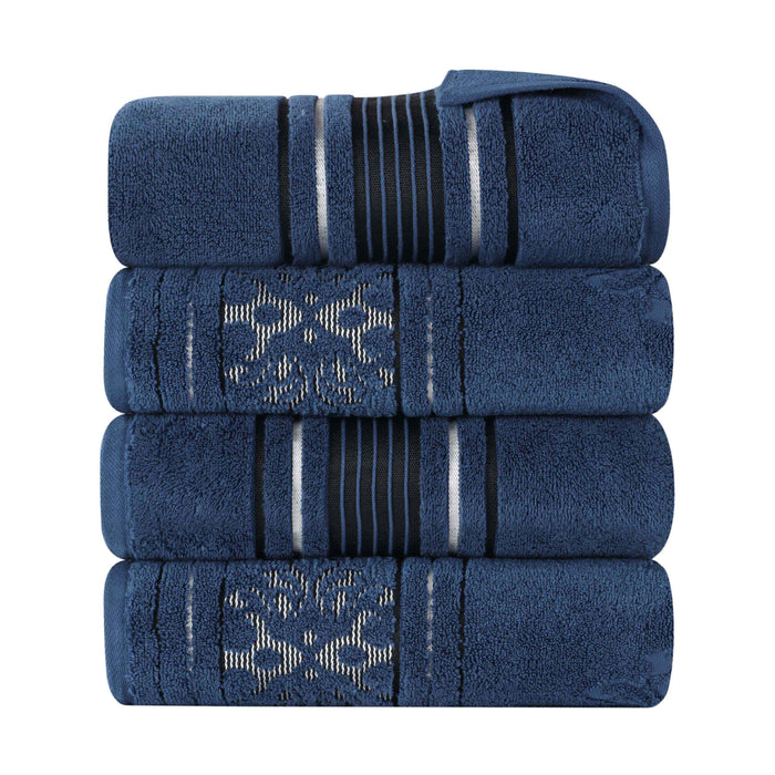 Sadie Zero Twist Cotton Solid Jacquard Floral Bath Towel Set of 4 - NavyBlue