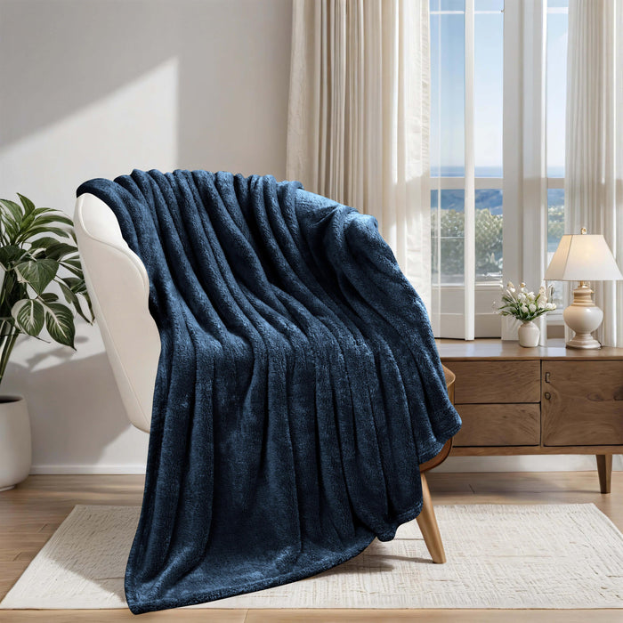 Classic Solid Fleece Plush Medium Weight Fluffy Soft Blanket - NavyBlue