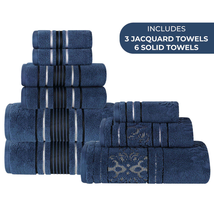 Sadie Zero Twist Cotton Solid Jacquard Floral Motif 12 Piece Towel Set - NavyBlue