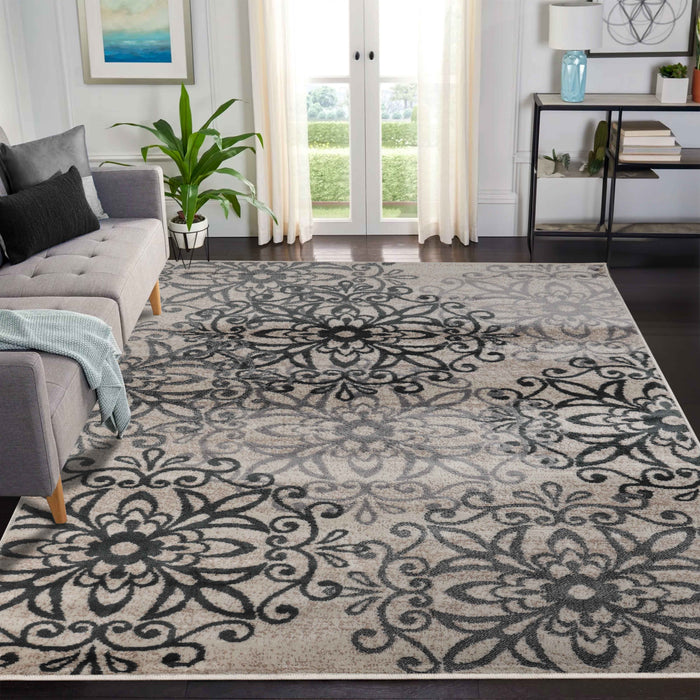 Leigh Traditional Floral Scroll Indoor Area Rugs or Runner Rug - Oatmeal