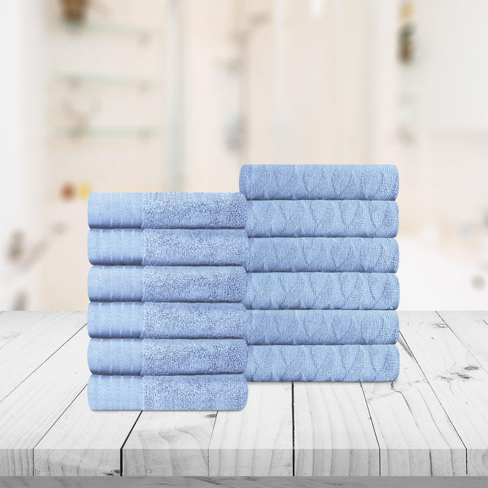 Turkish Cotton Jacquard Herringbone and Solid 12 Piece Face Towel Set - Pacific Blue