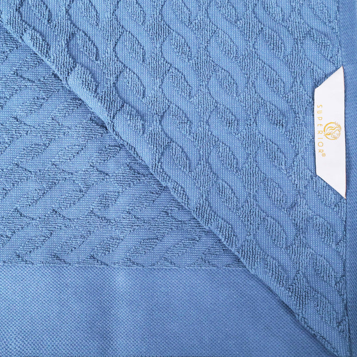 Turkish Cotton Jacquard Herringbone and Solid 4 Piece Bath Towel Set - Pacific Blue
