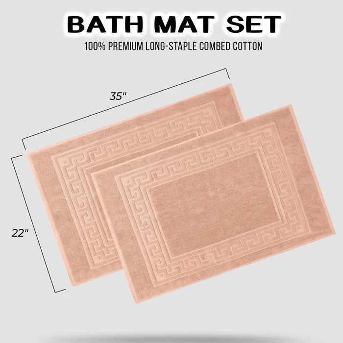 Cotton 2 Piece Greek Key Border Super Absorbent Bath Mat Set - Peach