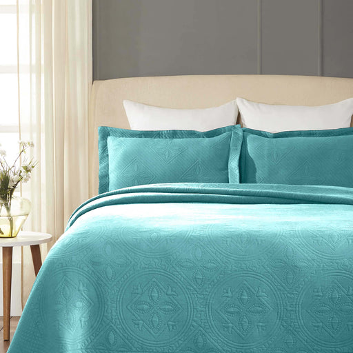 Celtic Circle Jacquard Matelasse Cotton Bedspread Set - Peacock Blue