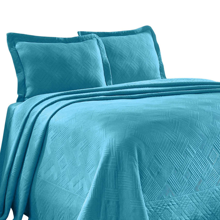 Geometric Fret Cotton Jacquard Matelasse Scalloped Bedspread Set - PeacockBlue