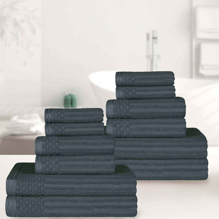 Ribbed Textured Cotton Medium Weight 12 Piece Towel Set - Pine