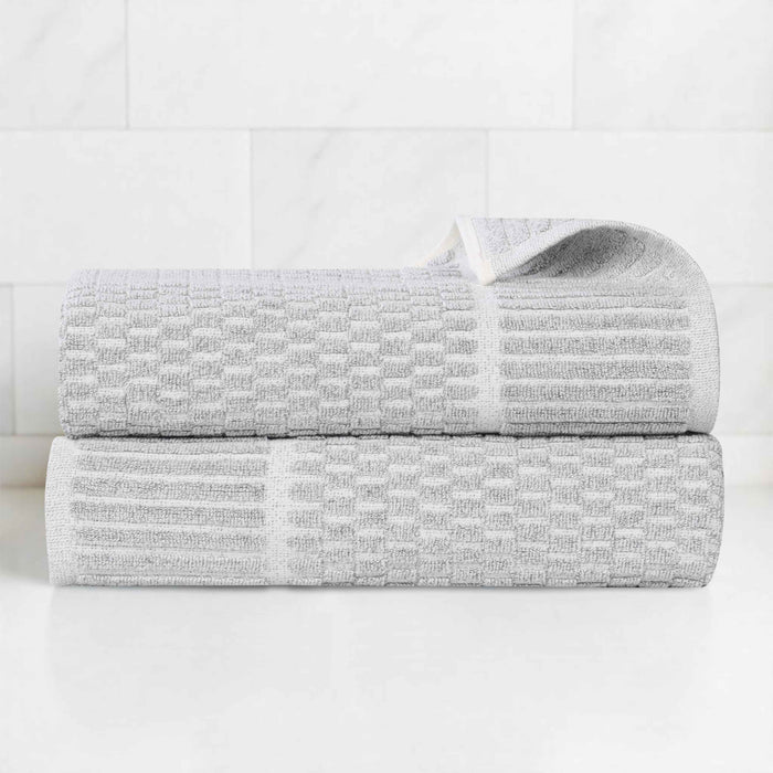 Juno Cotton Blend Medium Weight Checkered Border Bath Towels, Set of 2