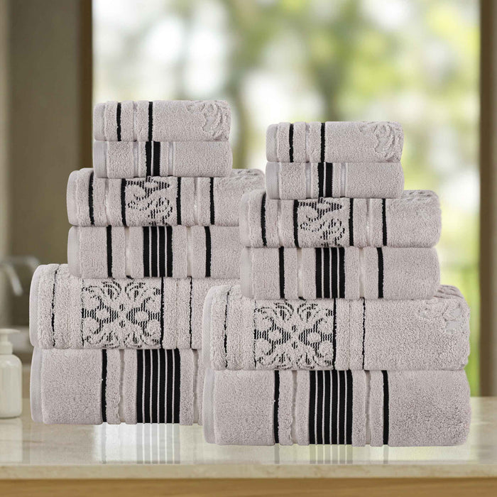 Sadie Zero Twist Cotton Solid Jacquard Floral Motif 12 Piece Towel Set - Platinum