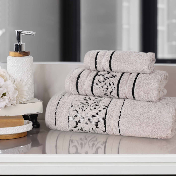 Sadie Zero Twist Cotton Elegant Floral 3 Piece Jacquard Towel Set