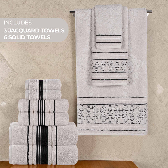 Sadie Zero Twist Cotton Solid and Jacquard Floral 9 Piece Towel Set