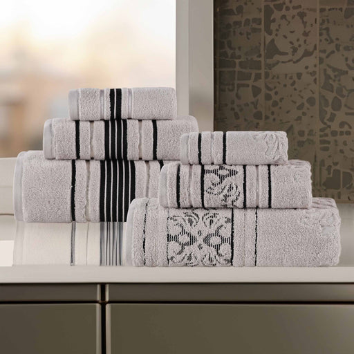 Sadie Zero Twist Cotton Solid Jacquard Floral Motif 6 Piece Towel Set - Platinum