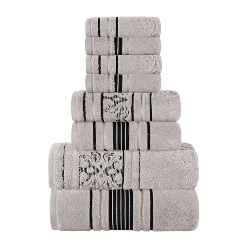 Sadie Zero Twist Cotton Solid Jacquard Floral 8 Piece Towel Set - Platinum