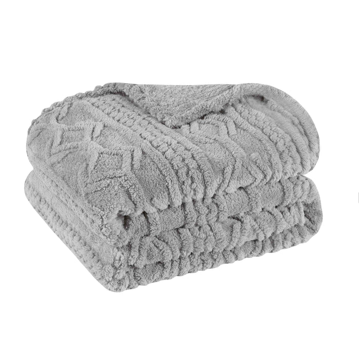 Boho Knit Jacquard Fleece Plush Fluffy Blanket - Platinum