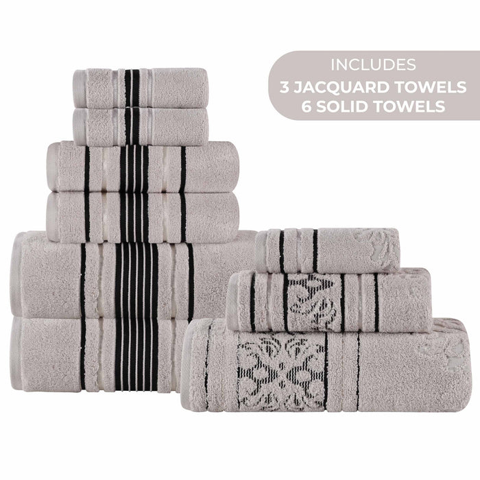 Sadie Zero Twist Cotton Solid and Jacquard Floral 9 Piece Towel Set