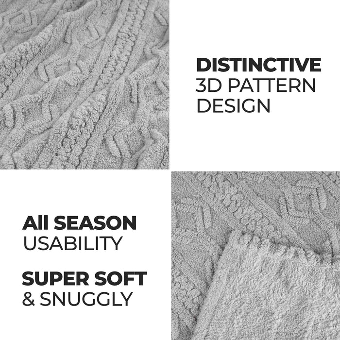 Boho Knit Jacquard Fleece Plush Fluffy Blanket - Platinum