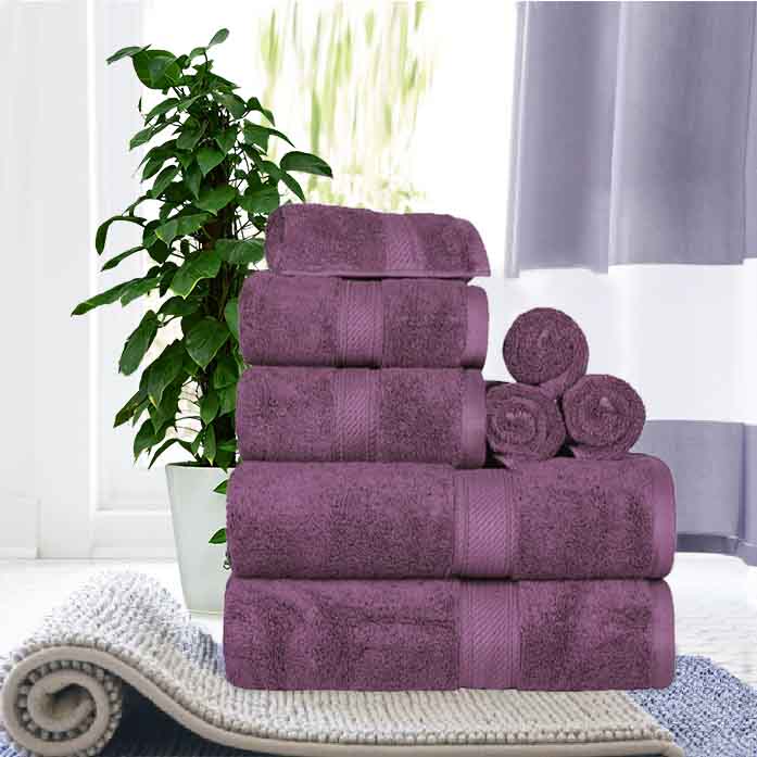 Egyptian Cotton Pile Plush Heavyweight Absorbent 8 Piece Towel Set - Plum