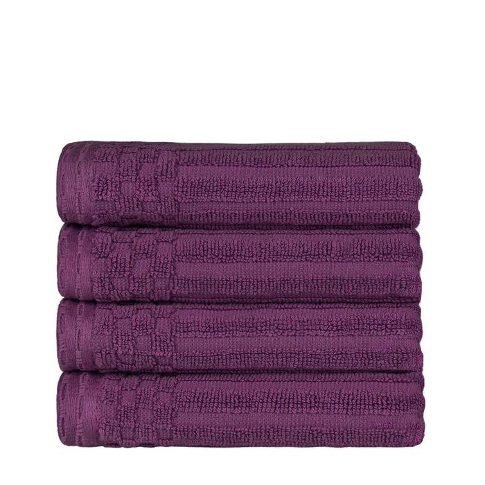 Cotton Ribbed Textured Highly Absorbent 4 Piece Hand Towel Set - Plum