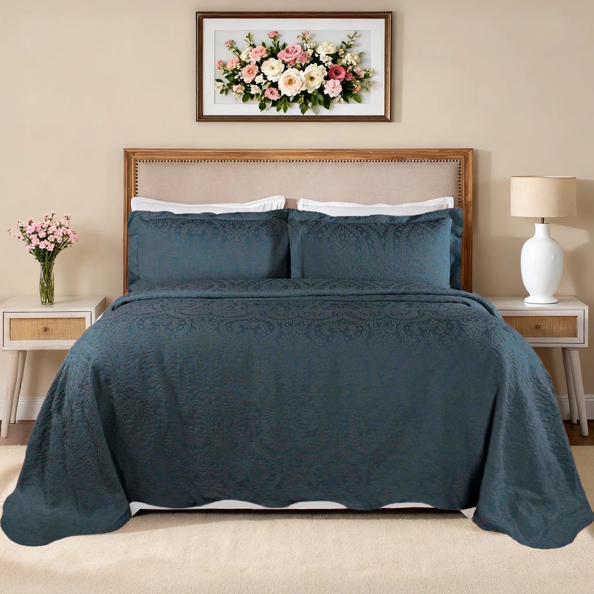 Aspen Cotton Blend Jacquard Woven Floral Scalloped Edges Bedspread Set