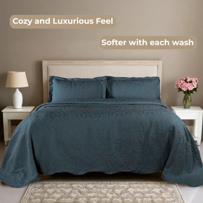 Aspen Cotton Blend Jacquard Woven Floral Scalloped Edges Bedspread Set