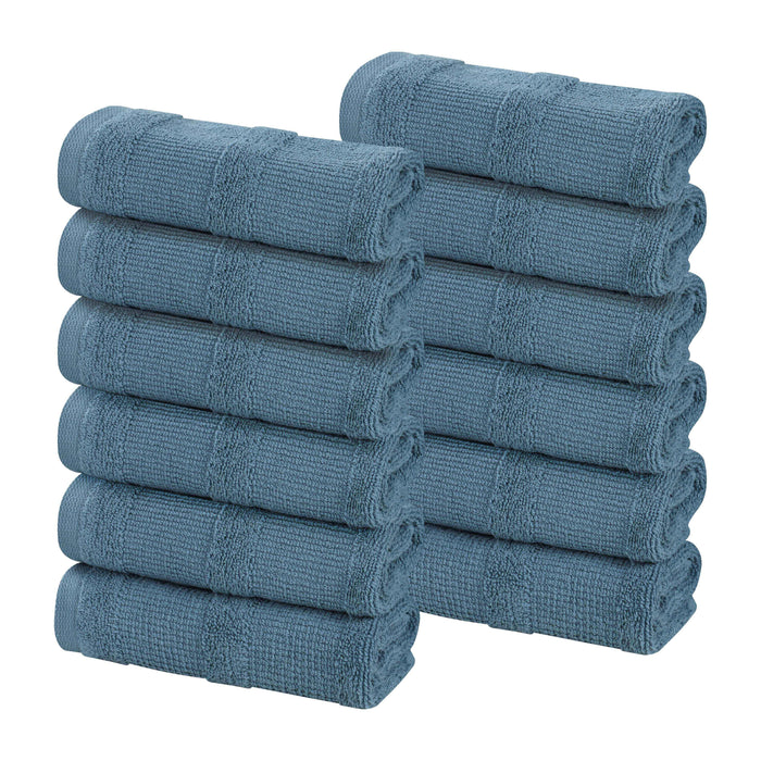 Roma Cotton Ribbed Textured Face Towels/ Washcloths, Set of 12 - DeepBlue