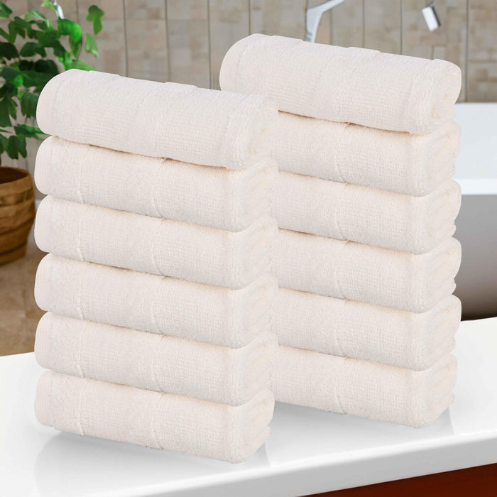 Roma Cotton Ribbed Textured Face Towels/ Washcloths, Set of 12 - Ivory