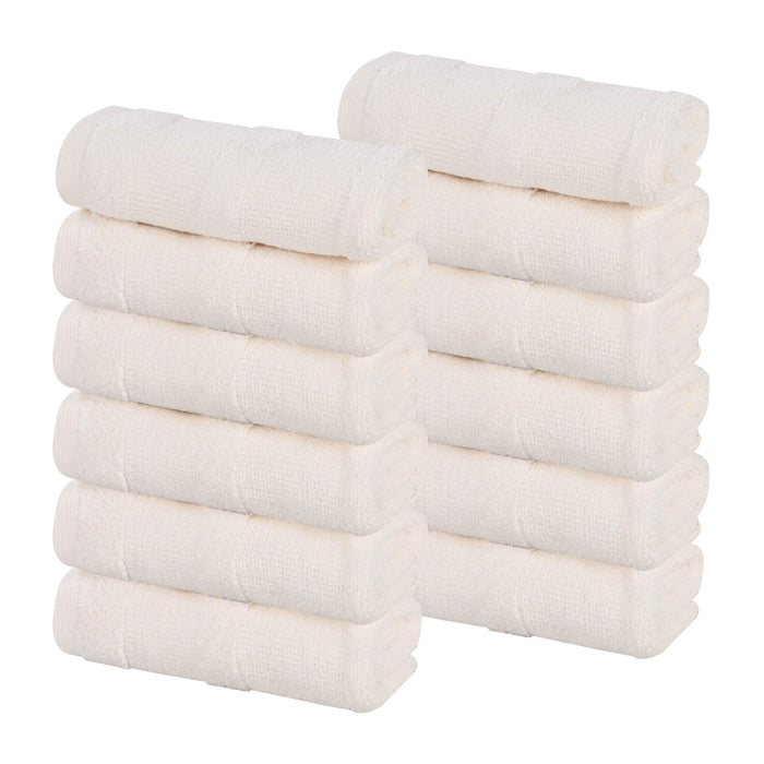 Roma Cotton Ribbed Textured Face Towels/ Washcloths, Set of 12 - Ivory