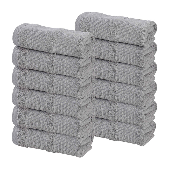 Roma Cotton Ribbed Textured Face Towels/ Washcloths, Set of 12 - SIlver