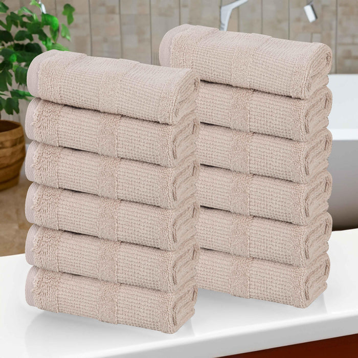 Roma Cotton Ribbed Textured Face Towels/ Washcloths, Set of 12 - Stone